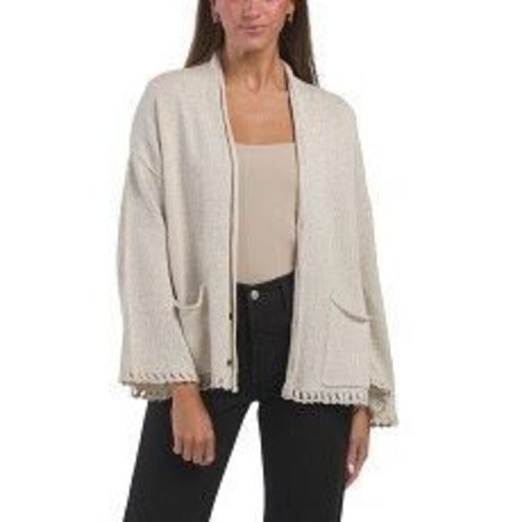 Max Studio Natural Linen Blend Crochet Trim Cardigan Size L Beuge Tan NWT - Picture 1 of 14